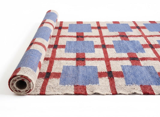 Blue Geometric Pattern – Flatweave Kilim Rug Carpet | Modern Tribal Home Decor