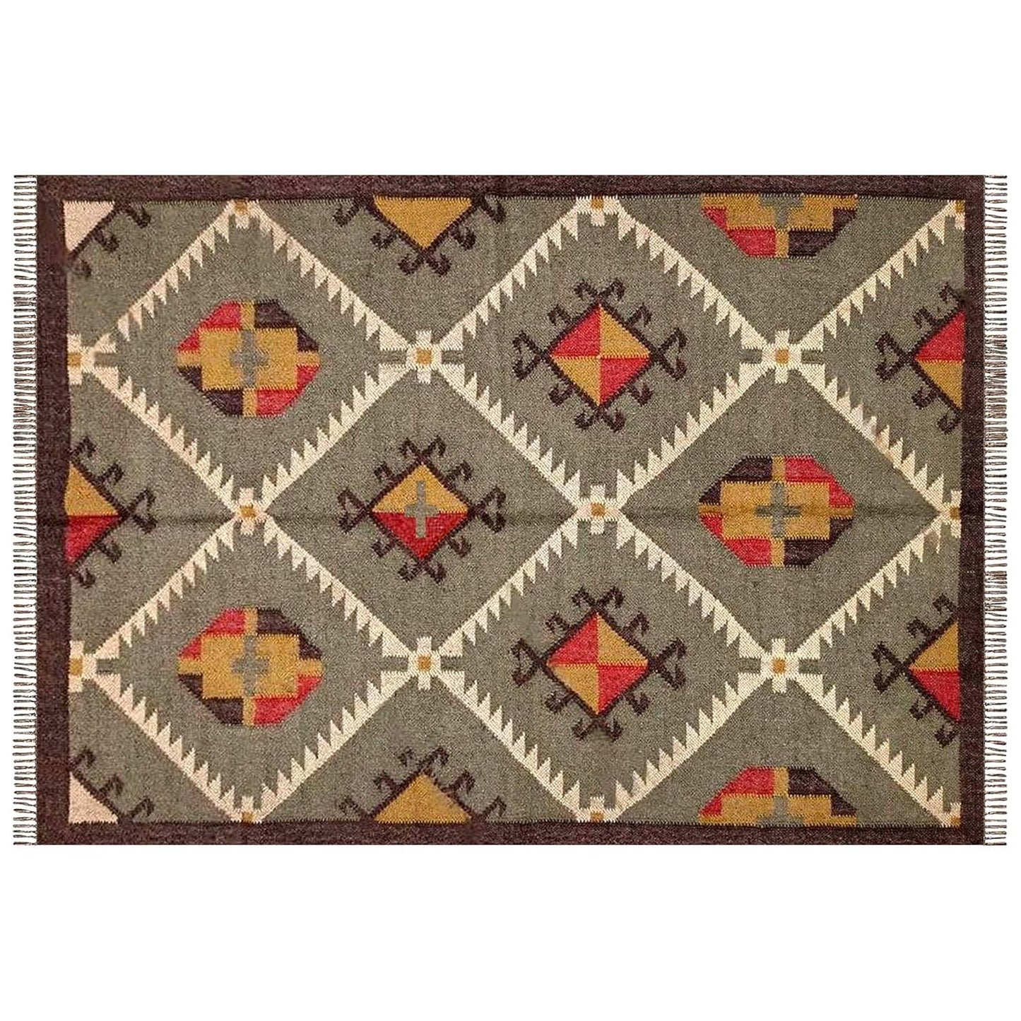 Authentic Wool & Jute Dhurrie Rug Kilims with Traditional Patterns