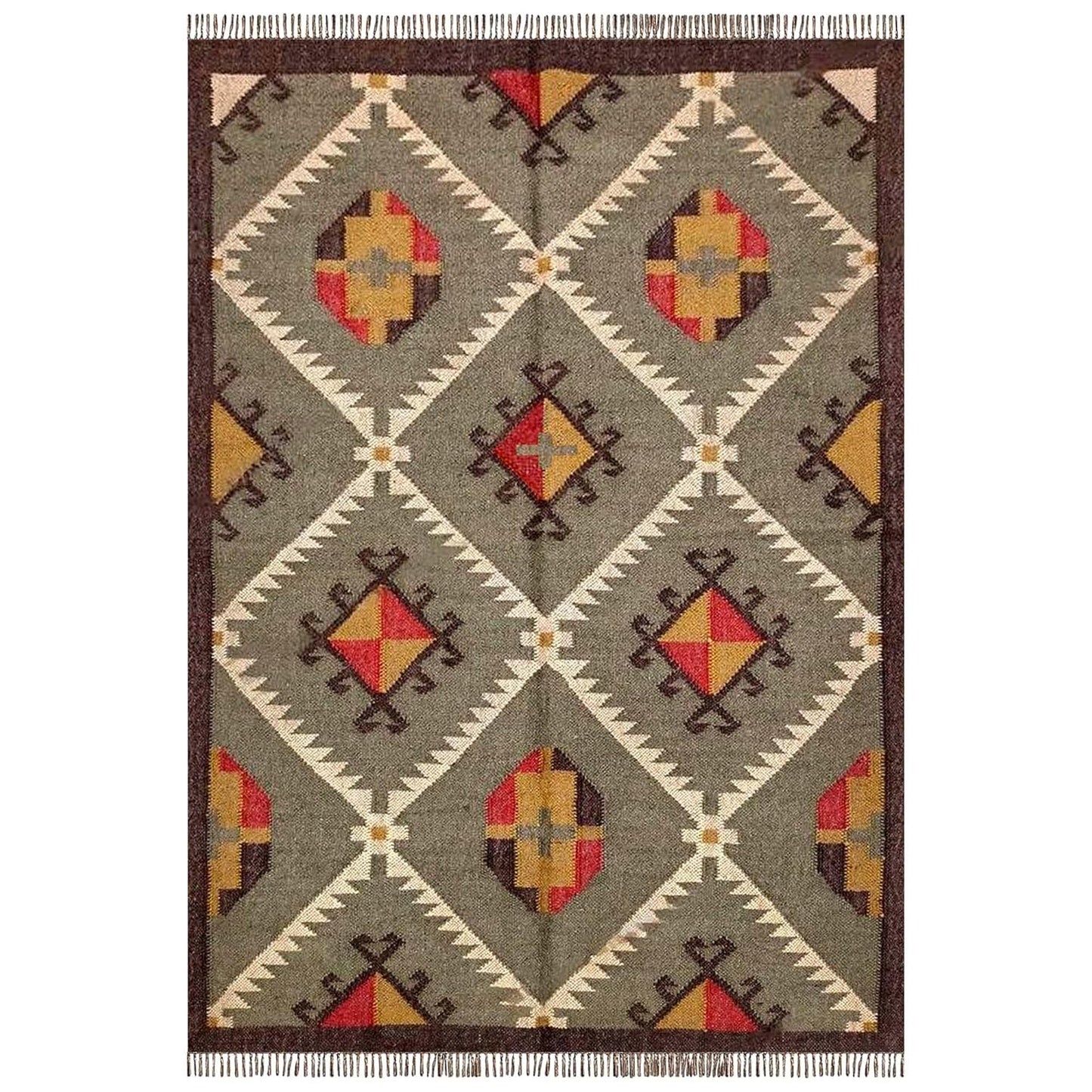 Authentic Wool & Jute Dhurrie Rug Kilims with Traditional Patterns