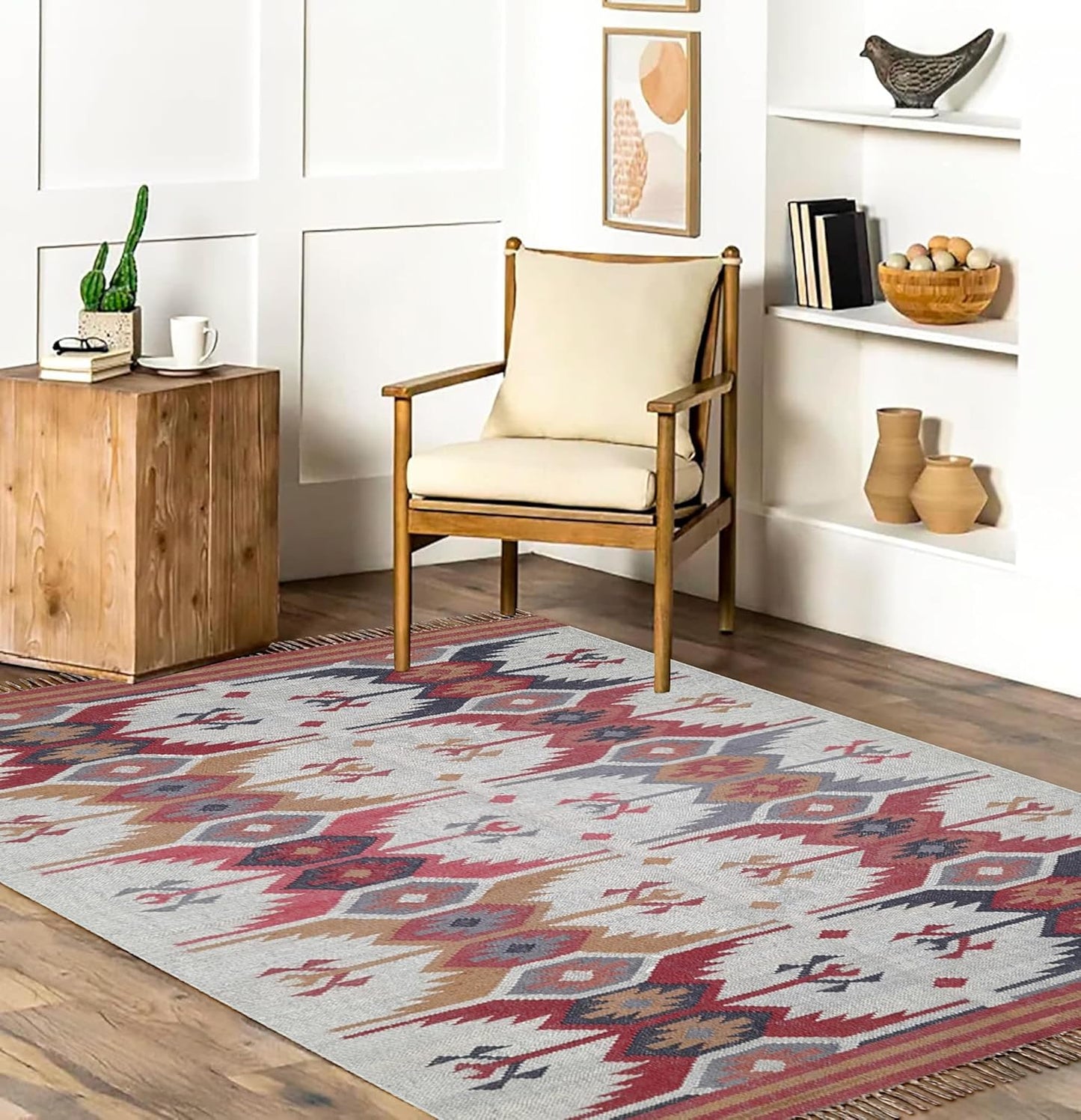 Boho Wool & Jute Dhurrie Rug, Kilim Carpet for Bedroom