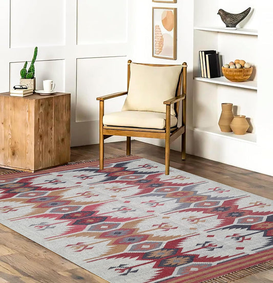 Boho Wool & Jute Dhurrie Rug, Kilim Carpet for Bedroom