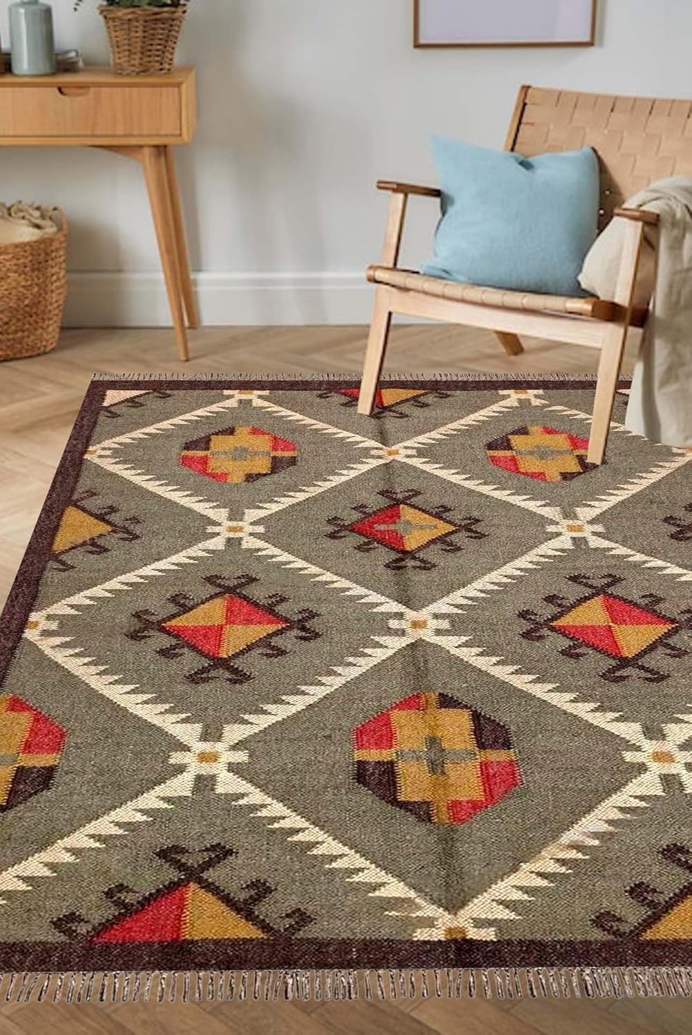 Authentic Wool & Jute Dhurrie Rug Kilims with Traditional Patterns