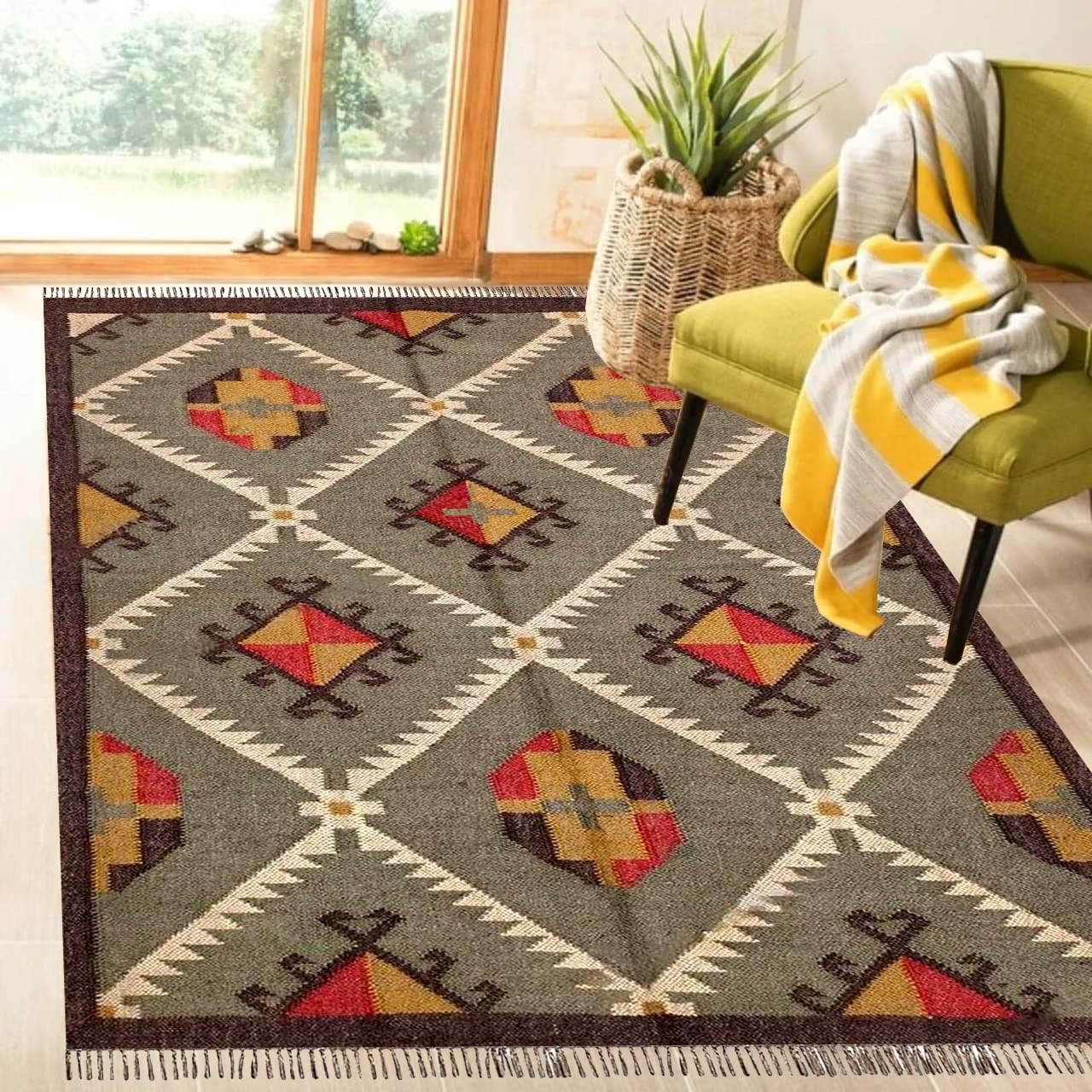 Authentic Wool & Jute Dhurrie Rug Kilims with Traditional Patterns