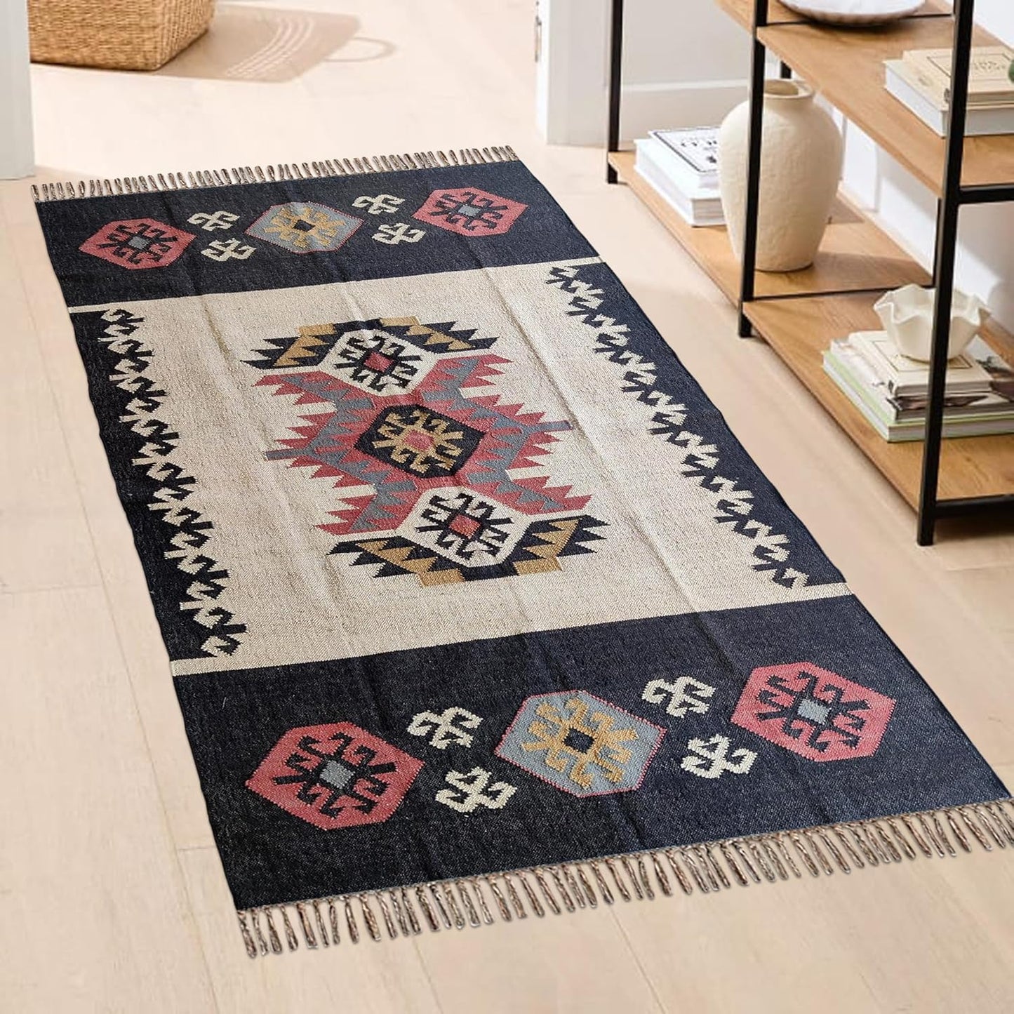 Wool and Jute Dhurrie Rug Carpet/Traditional Reversible Kilim