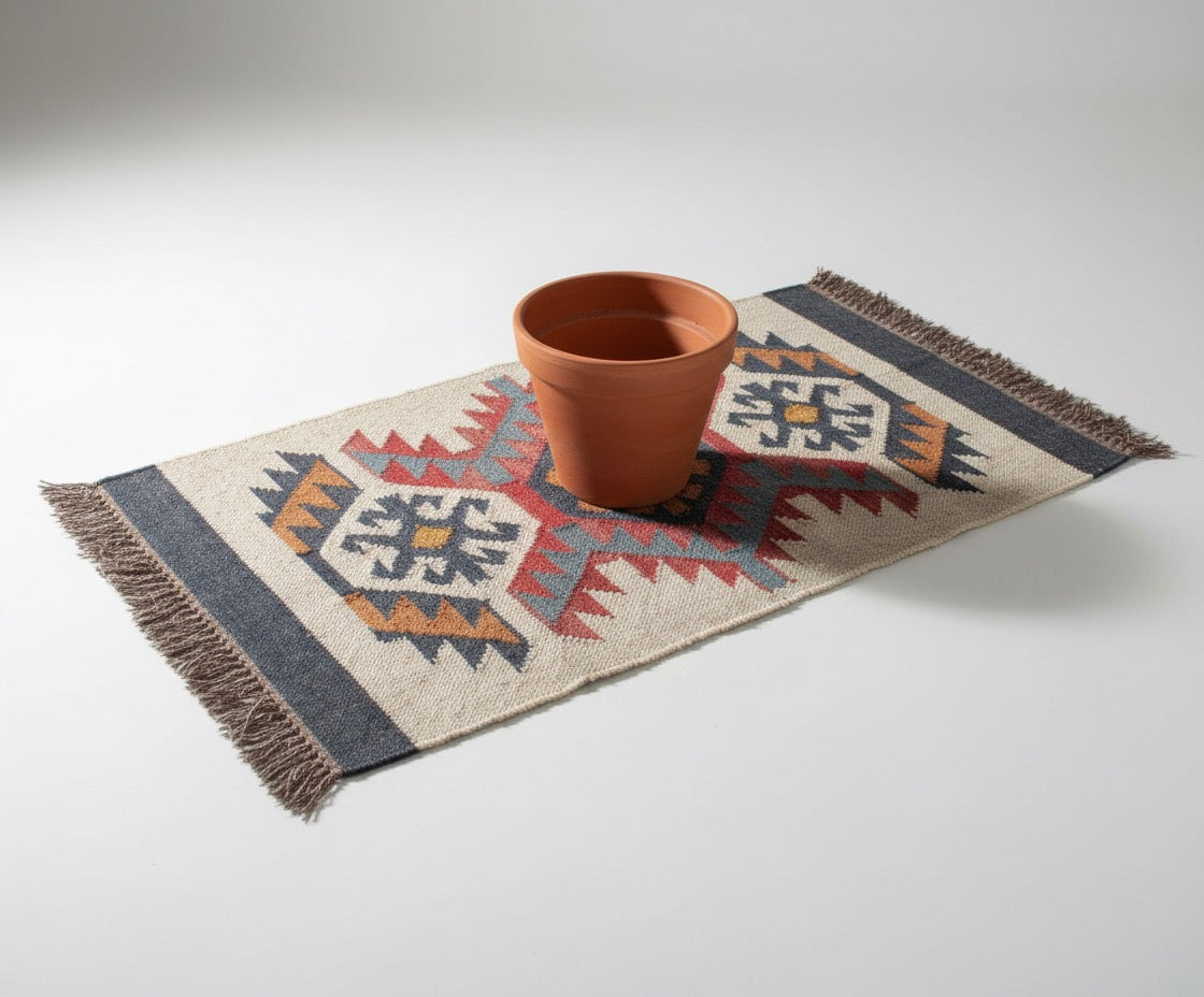 Handwoven Wool Kilim Mat – Small Flatweave Rug | Bedside & Door Mat