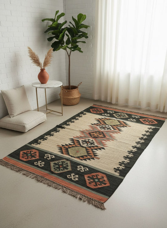 Handwoven Wool Jute Dhurrie – Flatweave Rug Carpet | Tribal Kilim Mat