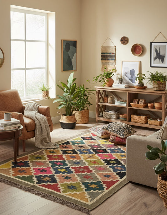 Traditional Kilim Boho Decor Wool jute Funja Dhurrie Rug From India