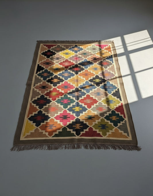 Traditional Kilim Boho Decor Wool jute Funja Dhurrie Rug From India