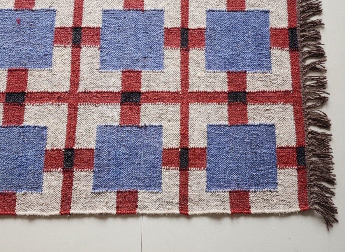 Blue Geometric Pattern – Flatweave Kilim Rug Carpet | Modern Tribal Home Decor