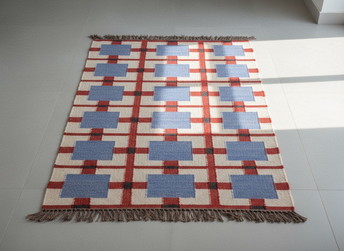 Blue Geometric Pattern – Flatweave Kilim Rug Carpet | Modern Tribal Home Decor
