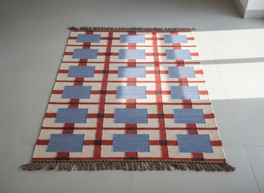 Blue Geometric Pattern – Flatweave Kilim Rug Carpet | Modern Tribal Home Decor