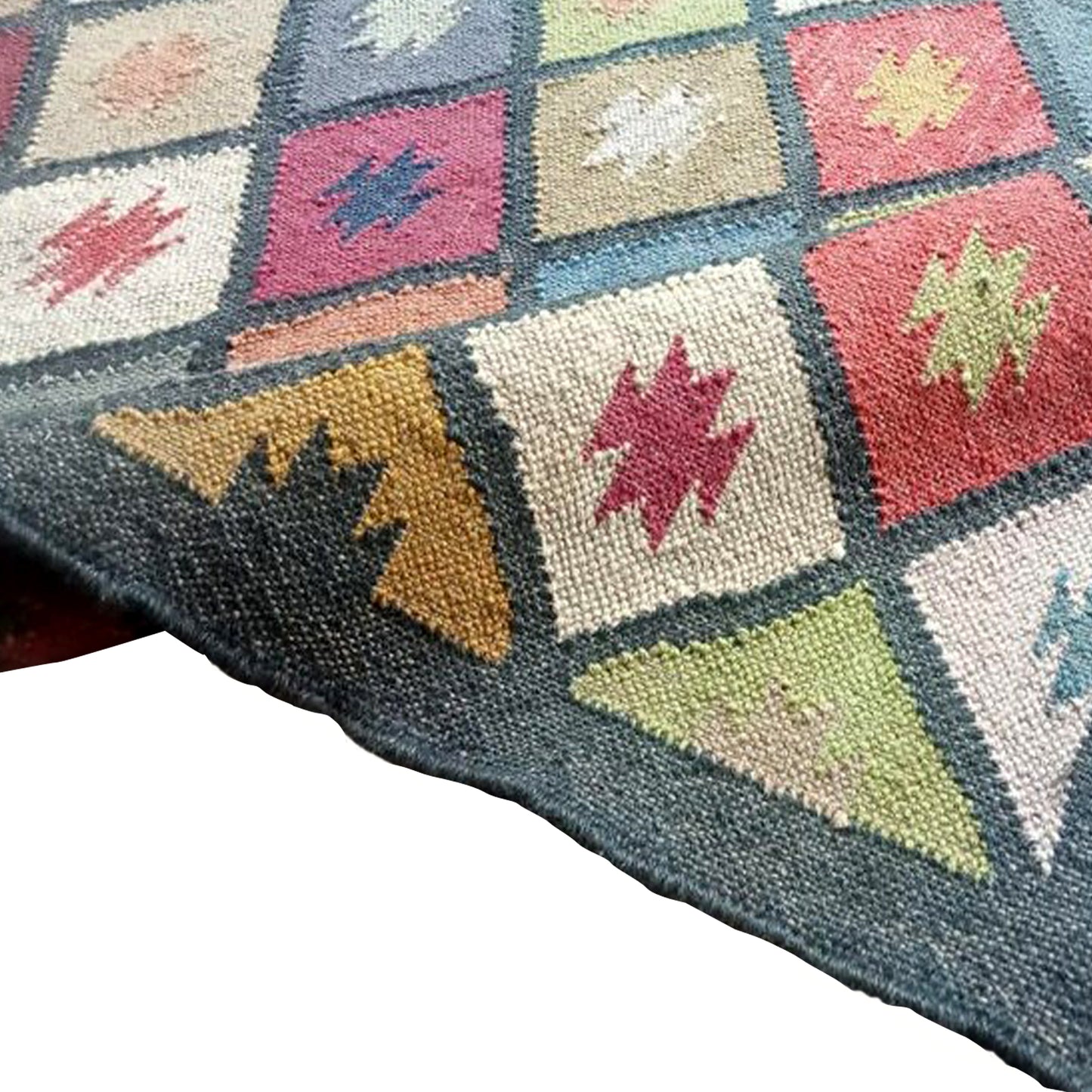 Wool Jute Diamond Kilim Rug – Reversible Mat Carpet