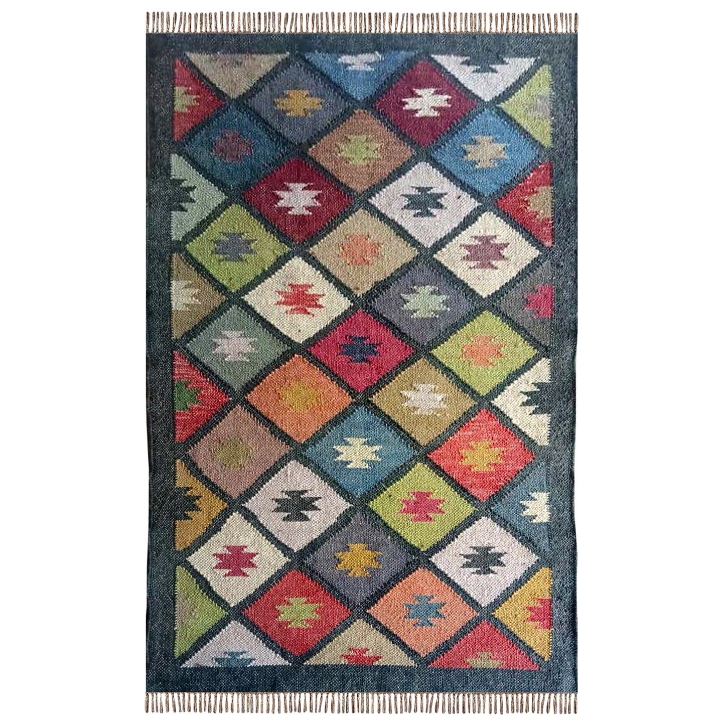 Wool Jute Diamond Kilim Rug – Reversible Mat Carpet