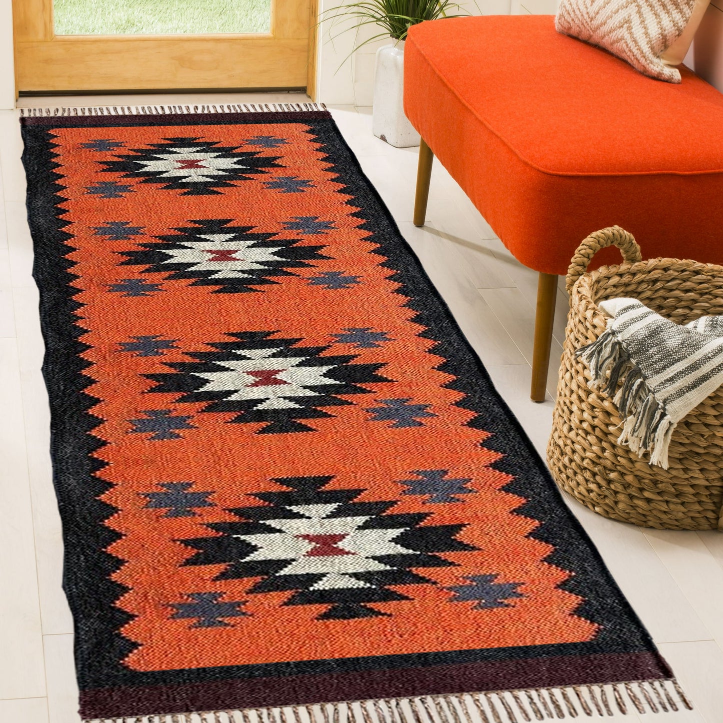 Orange Handmade Wool & Jute Rug Dhurrie – Boho Kilim Floor Carpet