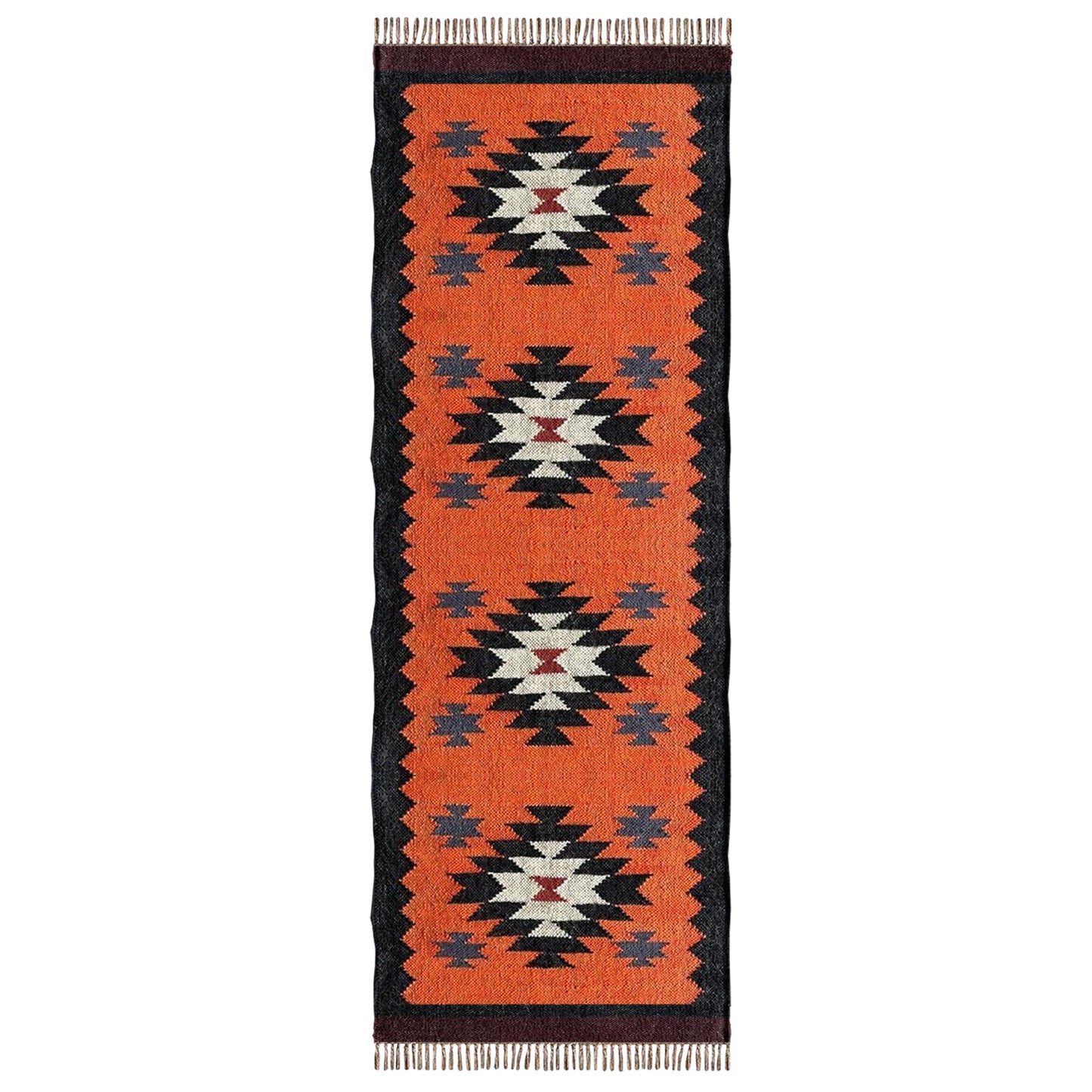 Orange Handmade Wool & Jute Rug Dhurrie – Boho Kilim Floor Carpet