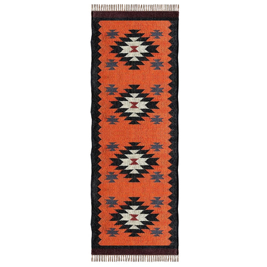 Orange Handmade Wool & Jute Rug Dhurrie – Boho Kilim Floor Carpet
