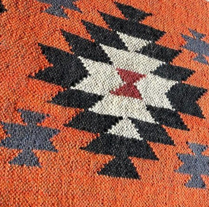 Orange Handmade Wool & Jute Rug Dhurrie – Boho Kilim Floor Carpet